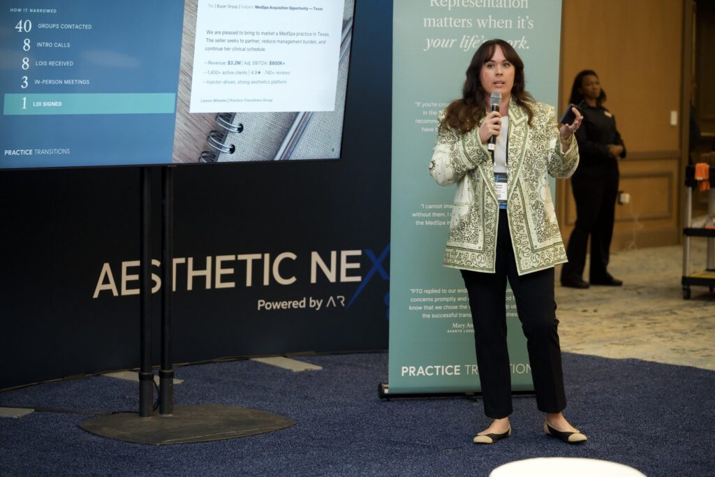Lauren Wheeler of Practice Transitions Group presenting a MedSpa sale at Aesthetic Next 8.0 in Dallas