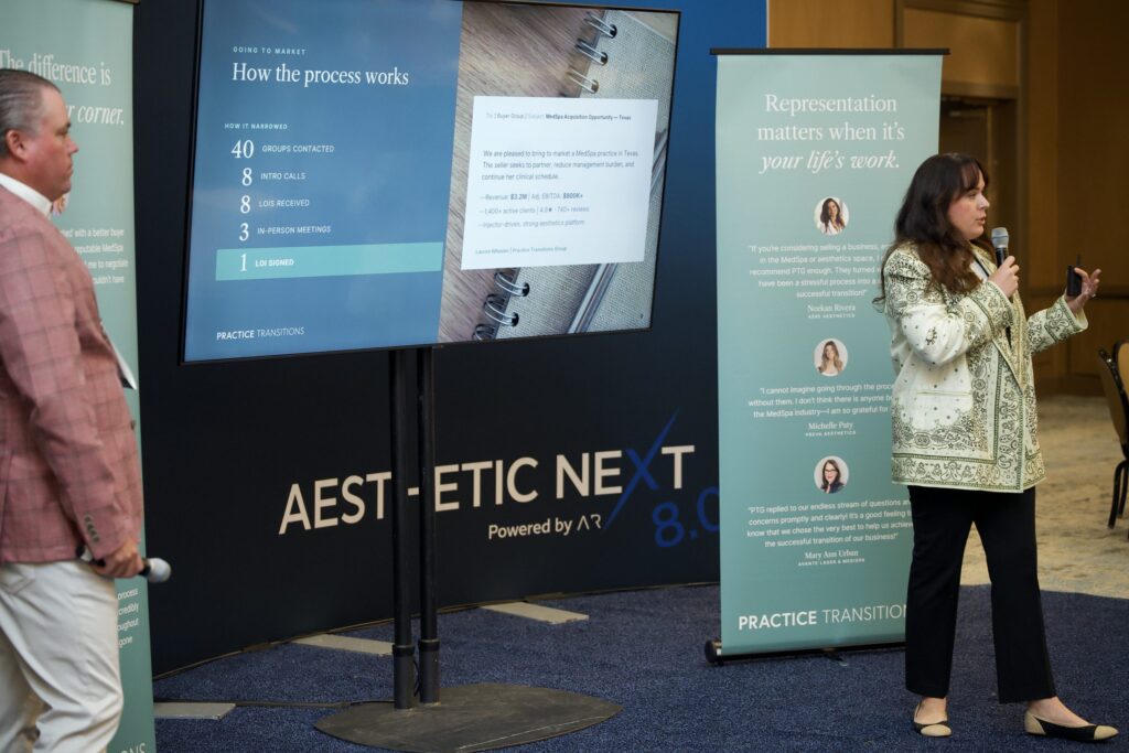 Lauren Wheeler and Thomas Allen of Practice Transitions Group leading a Think Tank session at Aesthetic Next 8.0