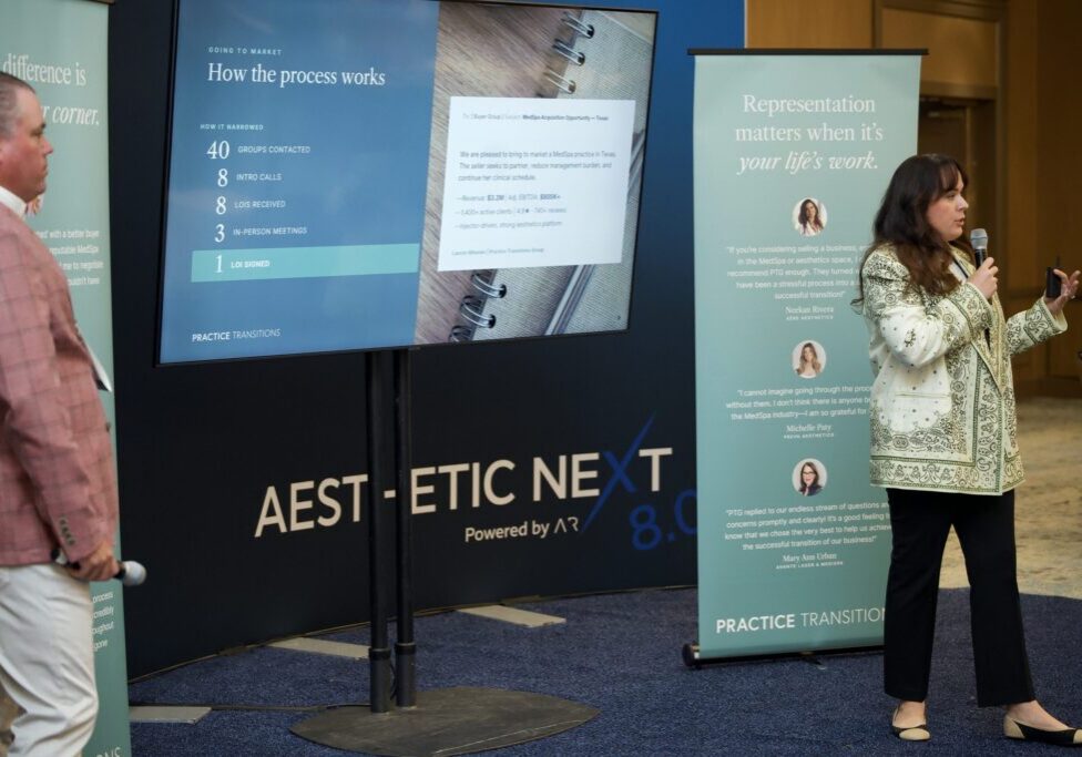 Lauren Wheeler and Thomas Allen of Practice Transitions Group leading a Think Tank session at Aesthetic Next 8.0